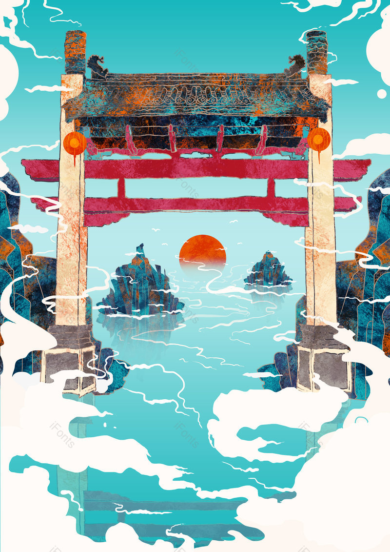 中国风国潮手绘古建筑门楼景点背景设计,插画/手绘图,插画/手绘图库,插画/手绘图下载,插画/手绘